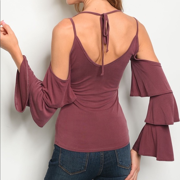 Plum Color Ruffle Bell Sleeve Top - Picture 2 of 8